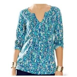 Lilly‎ Pulitzer Brayden Womens Blue Roll Tab Sleeve Floral Tunic Top XSmall